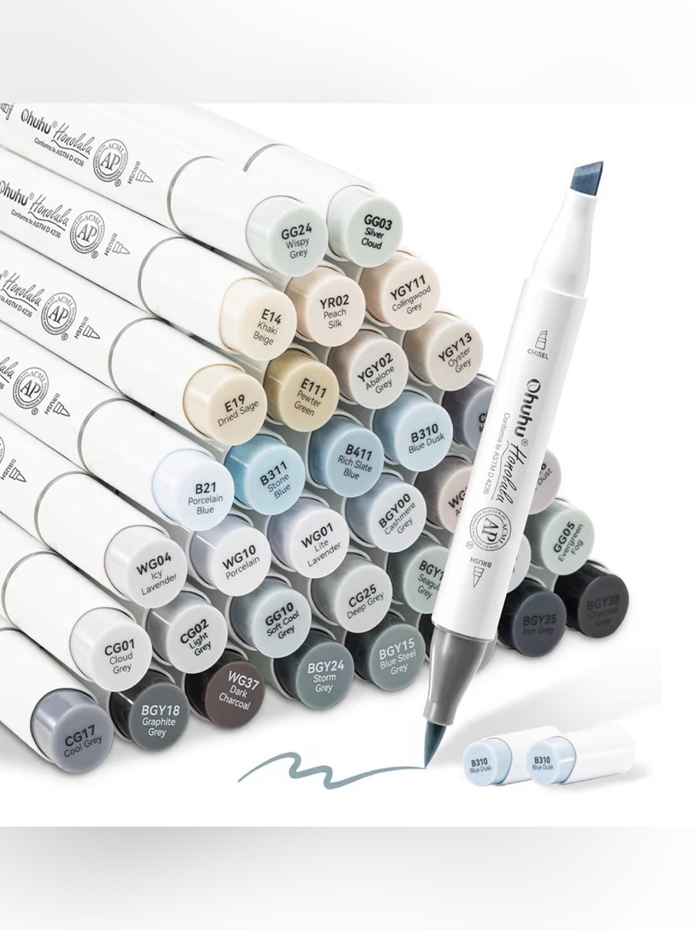 Ohuhu Dual Tip Art Markers - Cool Greys & Blues Set